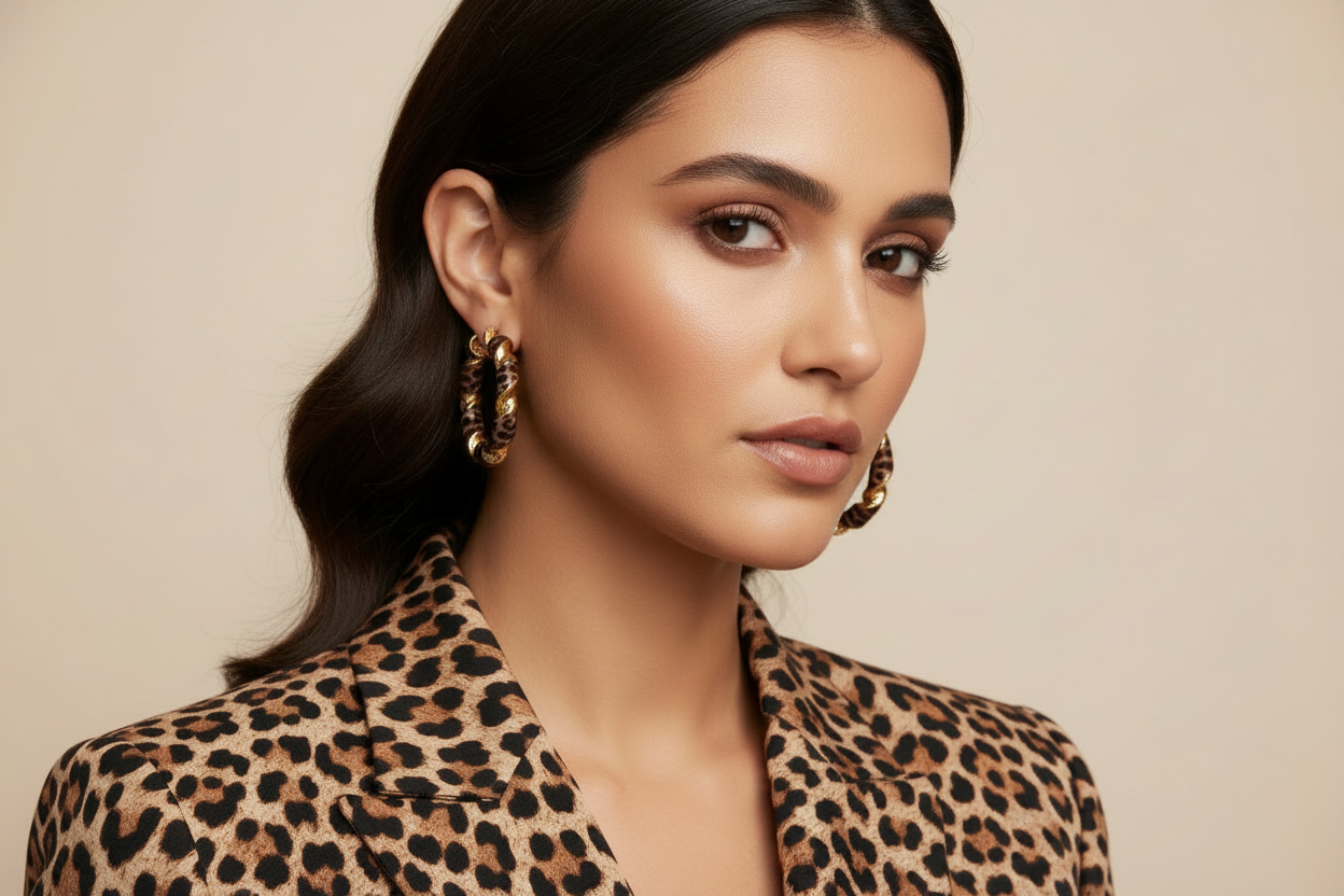 Small Leopard Print Gold Twisted Hoop Earrings on Model