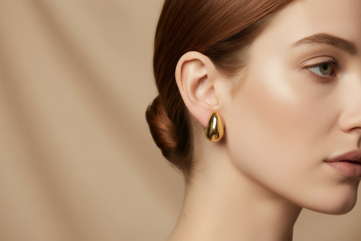 Smaller Gold Dome Stud Earrings on Model