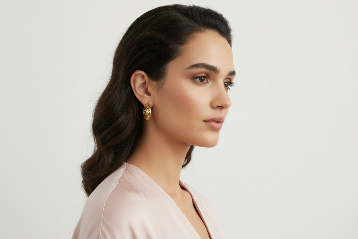Smaller Greek key hoop earrings on model in pink