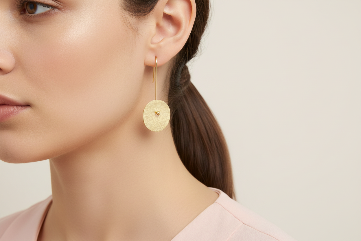 Textured Disc On Long Fishhook on model wearing pink - small and delicate