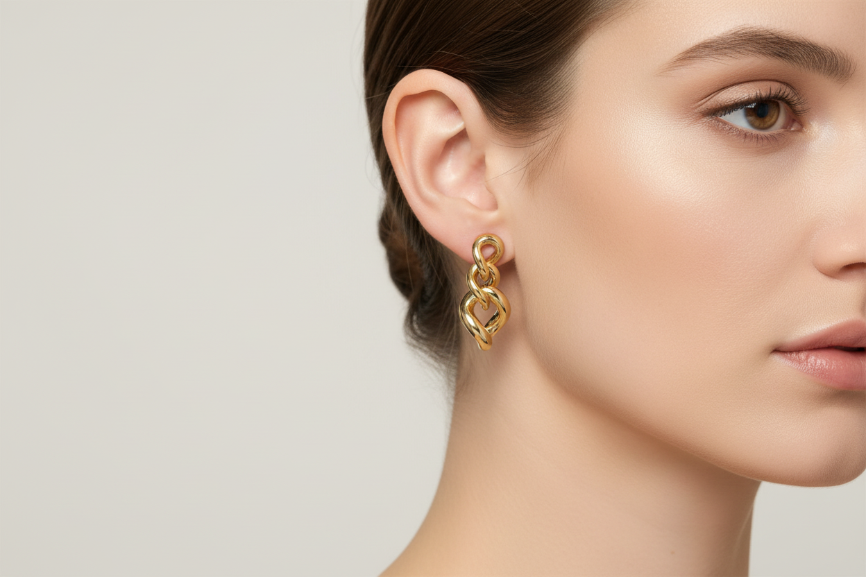 Triple chain link earrings on model - smaller