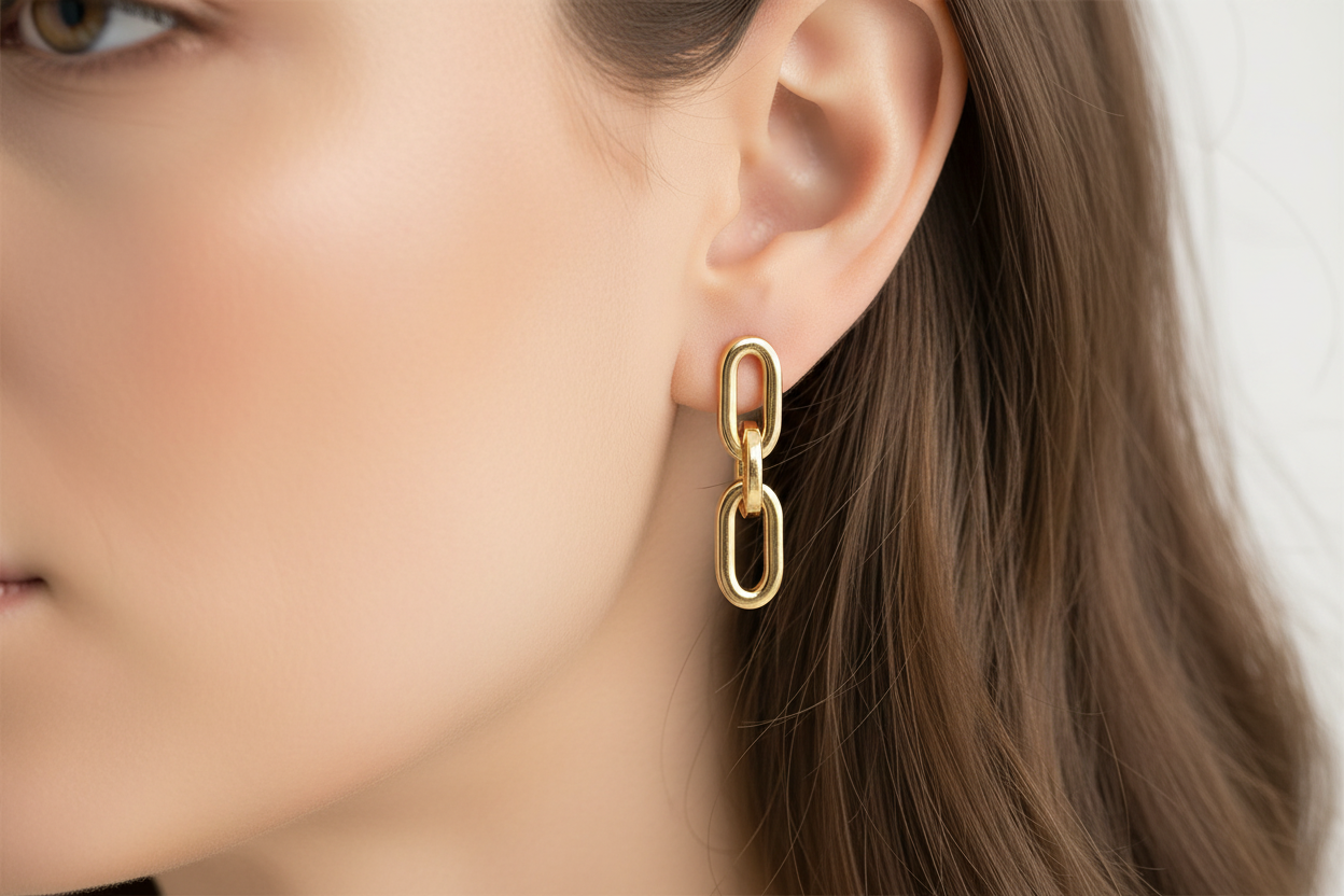 Triple oval chain link earrings on model - smaller