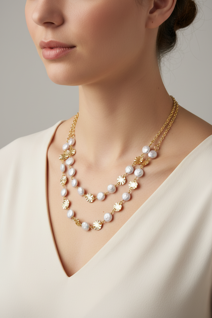 Two Strand Gold and White Bead Necklace on Model