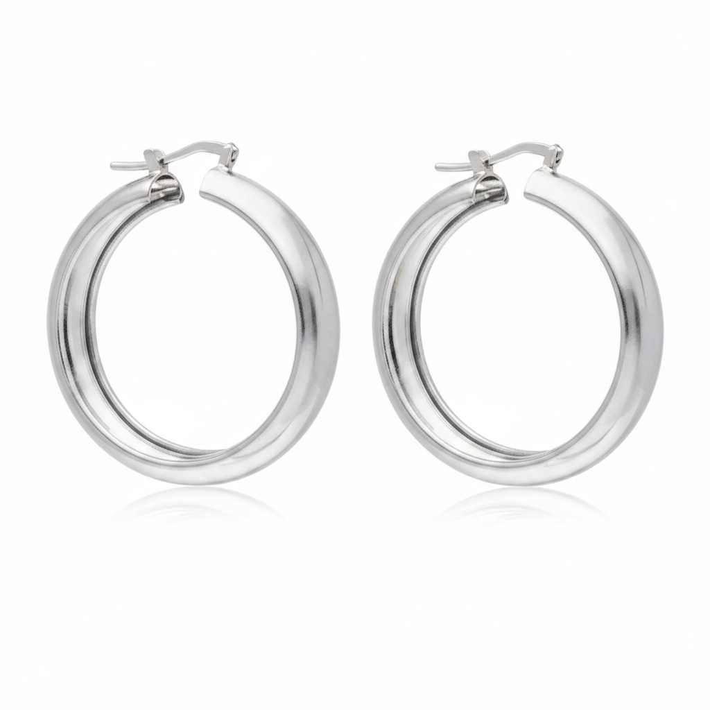 White Rhodium Half-Tube Hoop Earrings