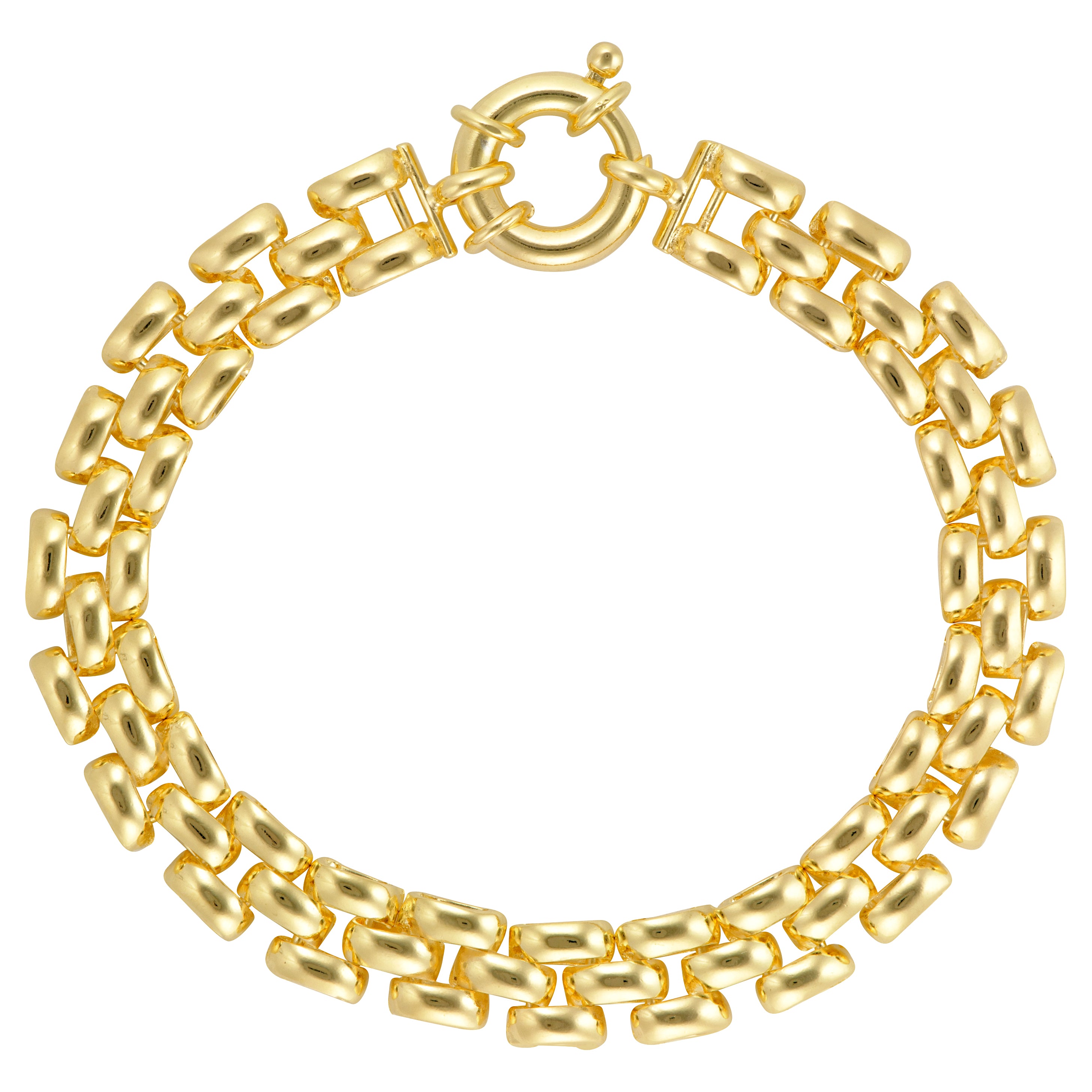 Bold gold link bracelet featuring large, smooth, rectangular links connected by smaller links, secured with a circular toggle clasp.