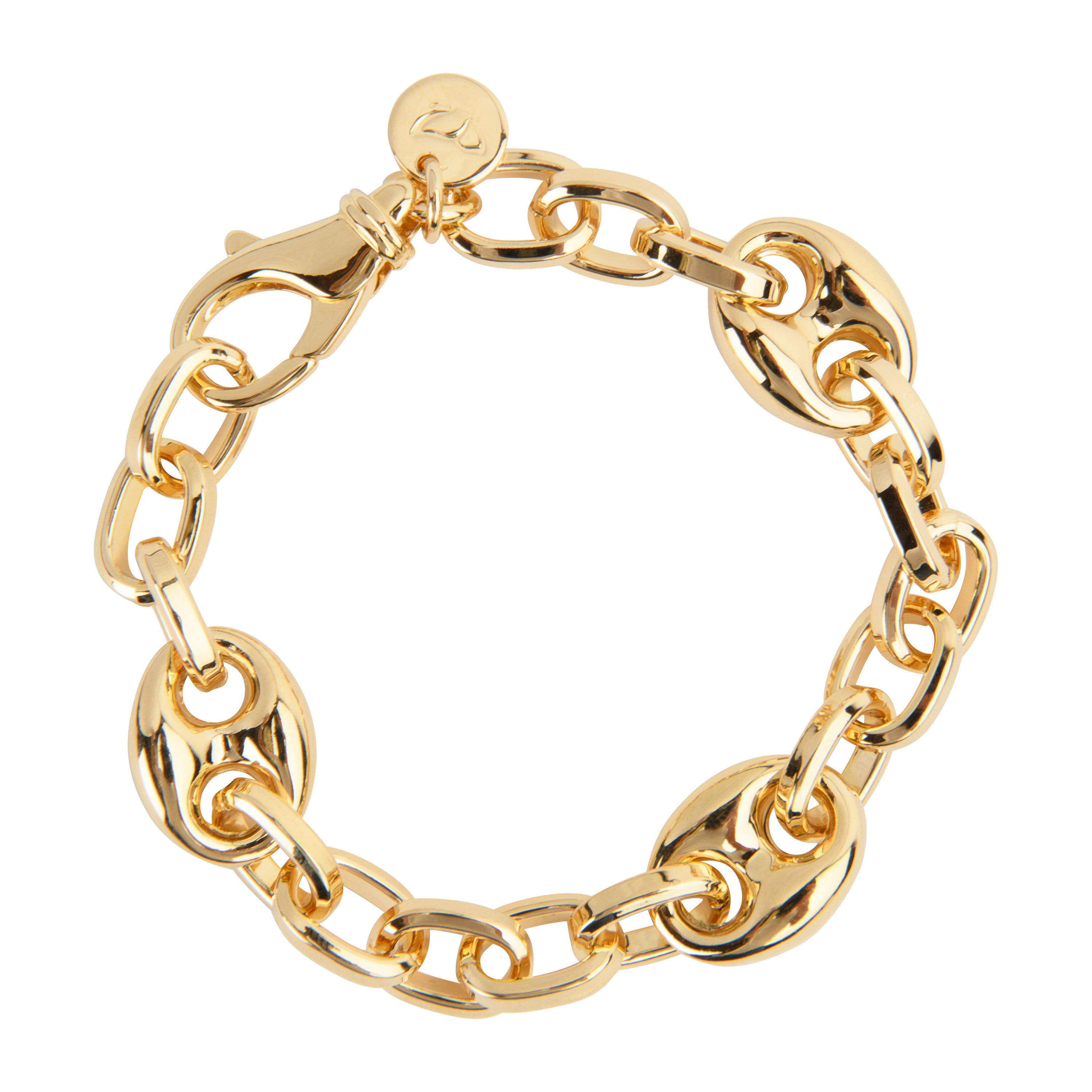 A stylish gold chain bracelet featuring a combination of elongated and oval links. The shiny metallic finish adds elegance, while the unique design of interlocking links gives it a modern and chic look. The bracelet is secured with a lobster clasp and includes a small tag, making it a fashionable accessory suitable for various occasions.