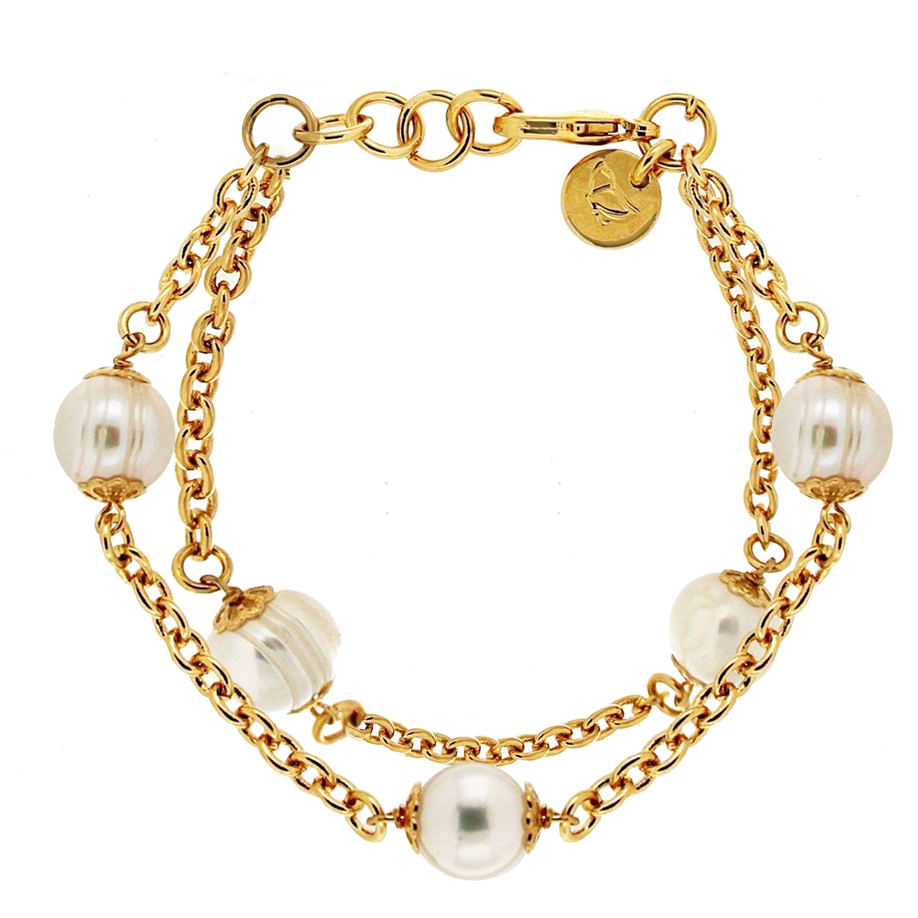 Close-up of a gold chain bracelet featuring multiple round pearls, interspersed with delicate gold links and secured with a lobster clasp.