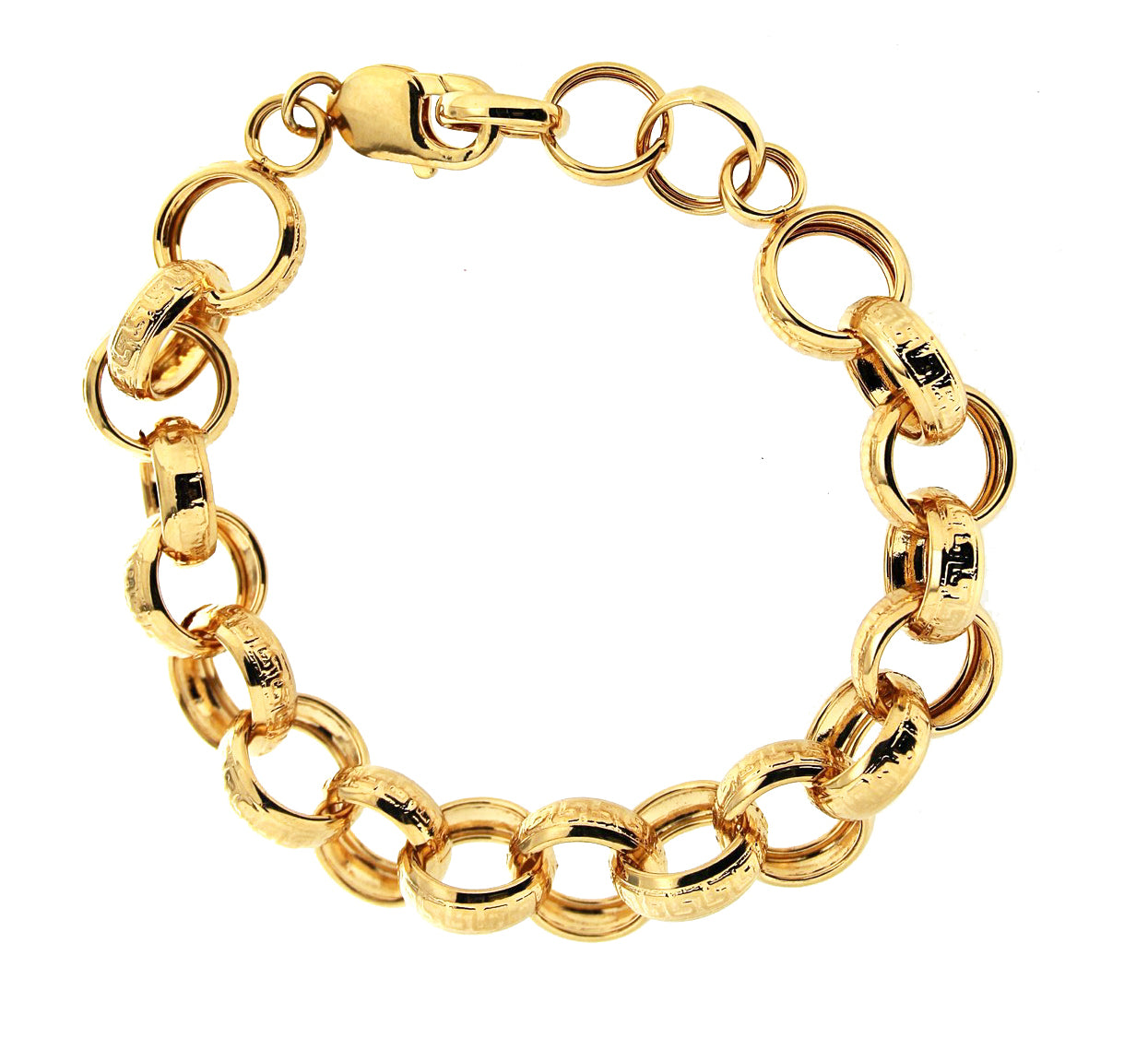 Close-up of a chunky gold link bracelet featuring large, round and oval links, secured with a lobster clasp.
