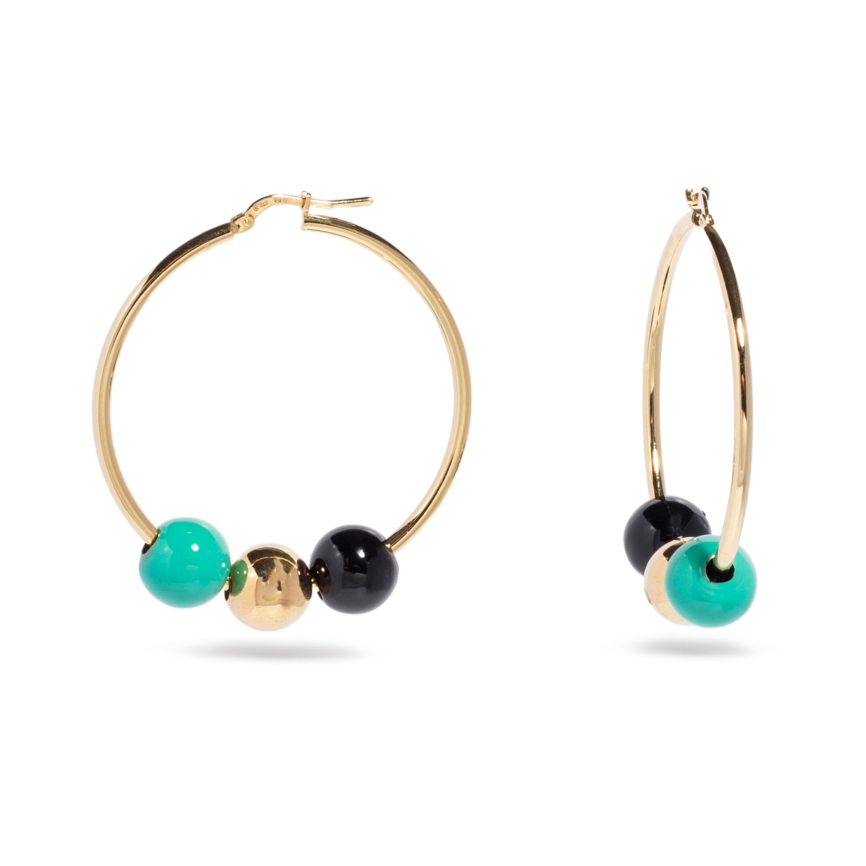 Hoop Eearrings with Enameled Slide On Beads (Black, Cyan Blue,Yellow Gold)