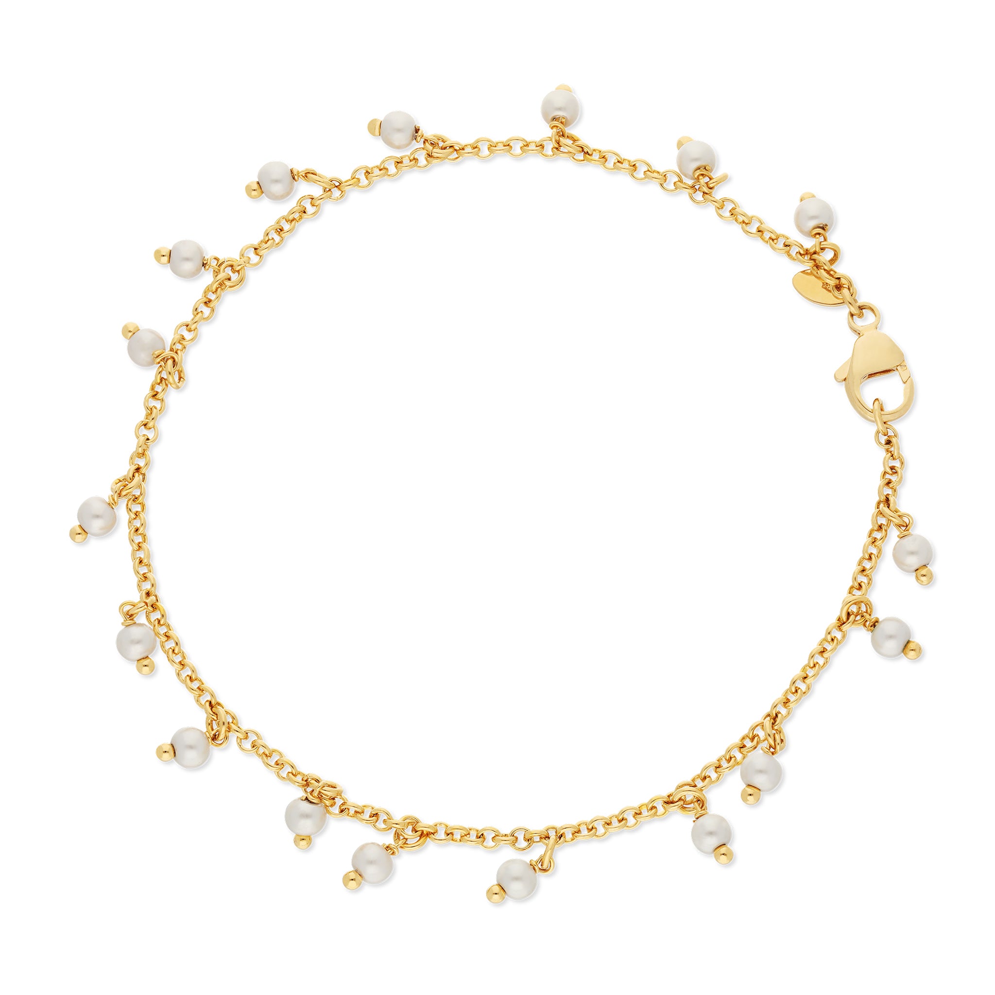 Delicate gold chain embellished with small white pearl beads, featuring a lobster clasp for secure closure.