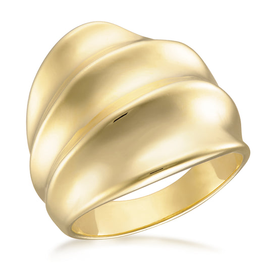 A luxurious gold ring featuring a wavy, sculptural design. The ring showcases multiple undulating layers that create a fluid, organic shape, reminiscent of flowing water or soft petals. Its polished surface catches the light beautifully, emphasizing the elegant curves and contours. This statement piece is perfect for adding a bold yet refined touch to any jewelry collection.