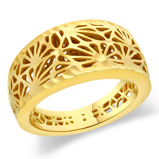 A stylish gold ring featuring a wide band with an intricate cutout design resembling floral patterns. The openwork detailing showcases a modern and artistic approach, allowing light to pass through and enhancing the ring's visual appeal.