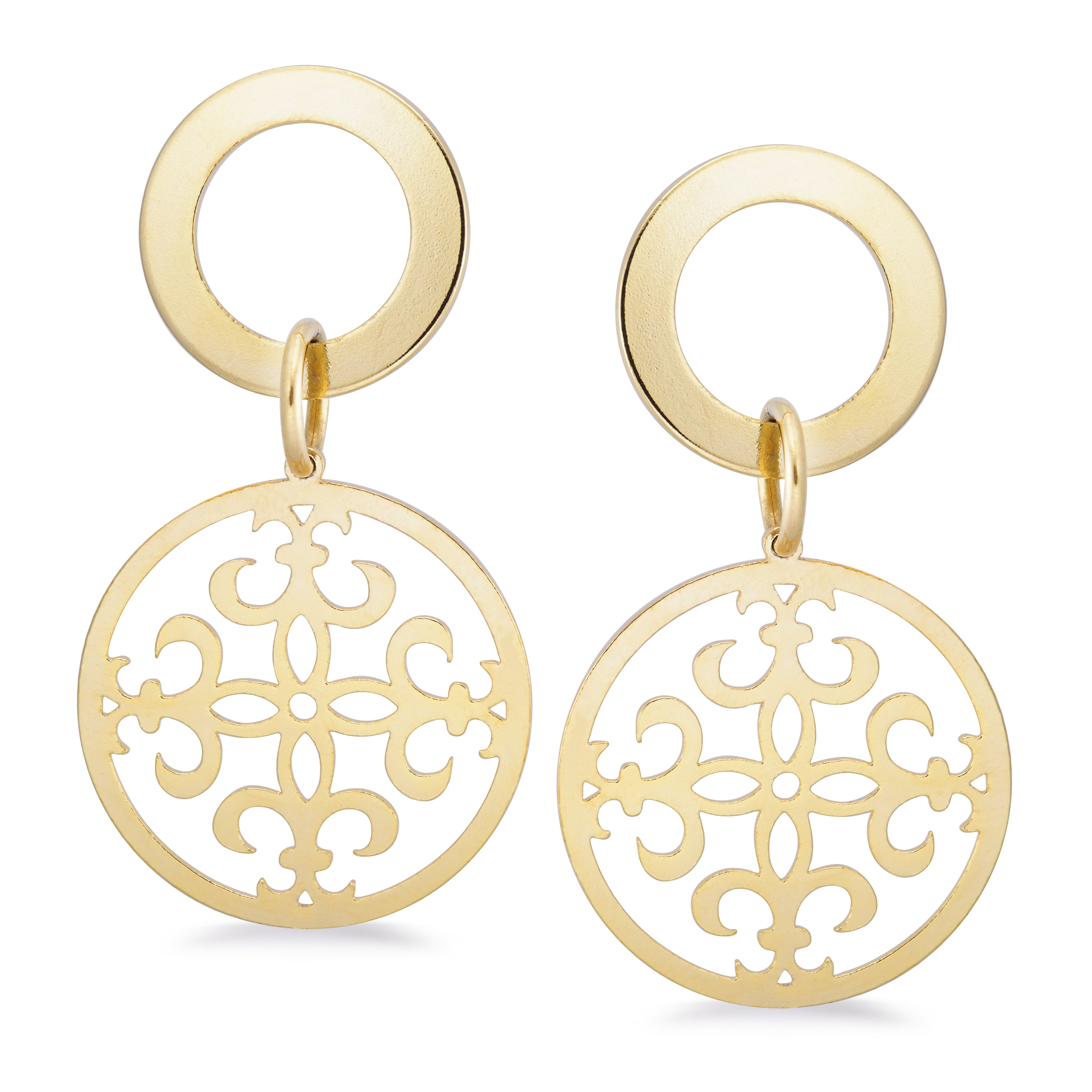A pair of gold-tone earrings featuring a circular design. The earrings consist of a smooth, polished outer ring with a hanging, intricately cut-out circular pendant. The pendant showcases a delicate floral pattern, enhancing its elegance. These earrings are designed for easy wear, featuring a simple loop attachment that allows them to sway gently with movement, making them a perfect accessory for both casual and formal outfits.