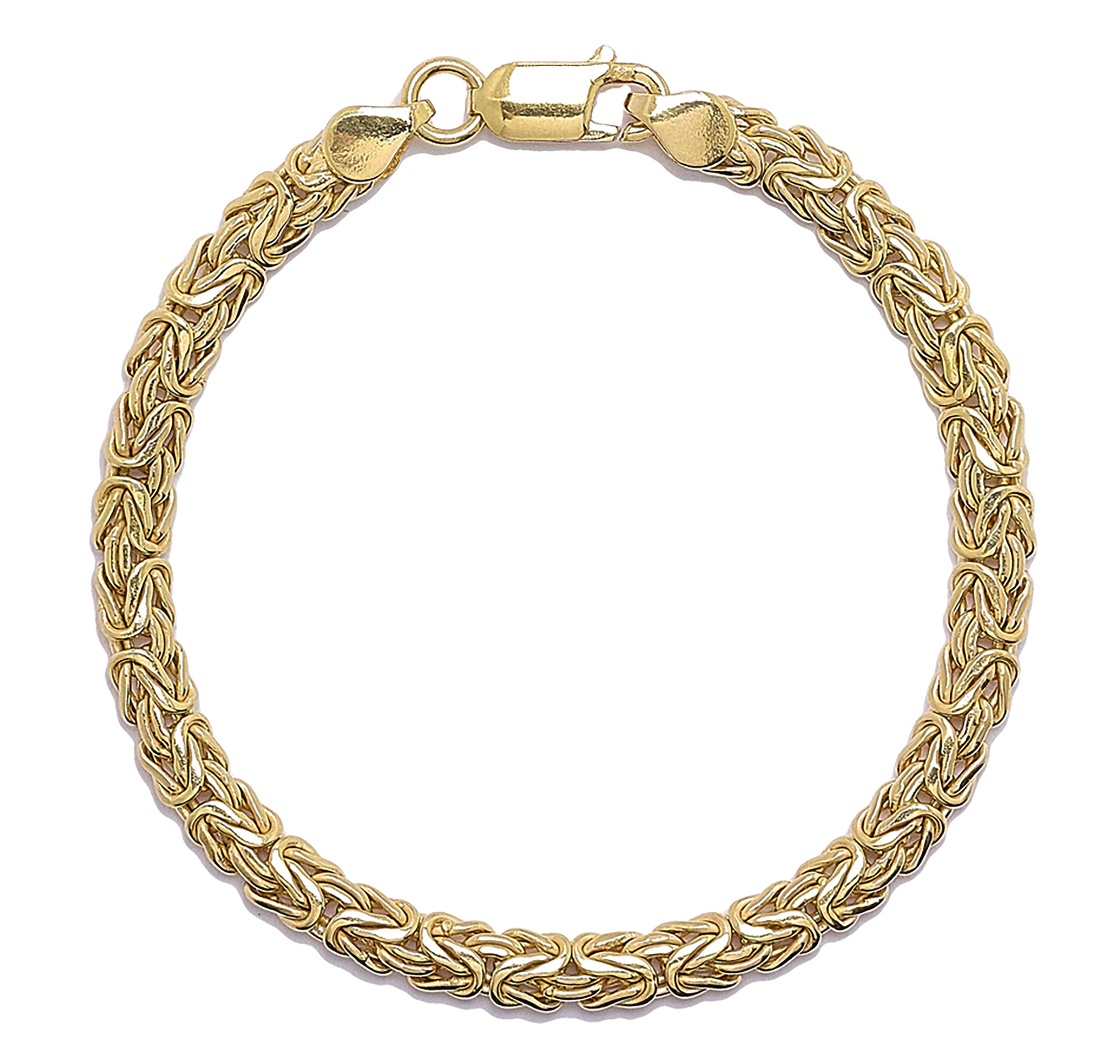 A luxurious gold bracelet featuring an intricate woven design with interlocking links that create a textured appearance. The shiny gold finish adds elegance, while the secure lobster clasp ensures it stays in place.