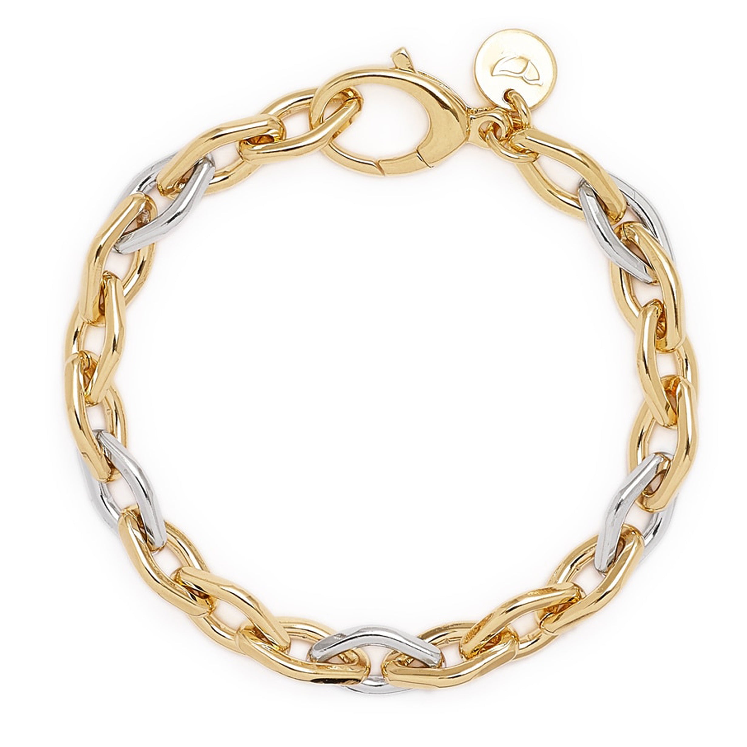 Two-tone bracelet featuring interlocking links in gold and silver tones, with a lobster clasp and a small charm attached. 