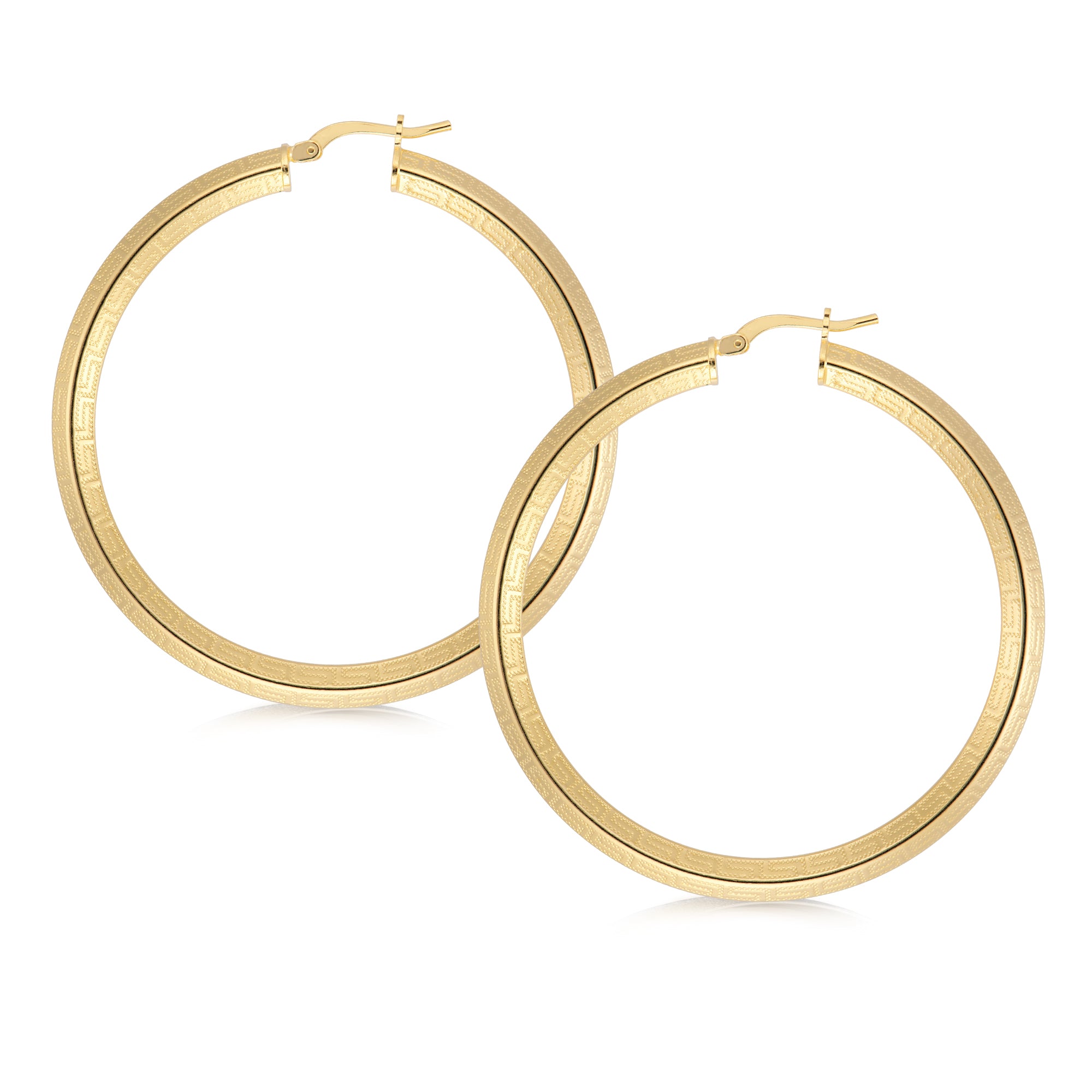 A pair of elegant gold hoop earrings featuring a unique textured design. The hoops are thick and circular, with a central groove running around their circumference, adding depth and sophistication to their appearance. The surface of the earrings has a subtle, matte finish, contrasting with shiny, polished edges. They are secured with a lever-back closure, ensuring a comfortable fit. These earrings are perfect for dressing up any outfit, combining modern style with classic hoop elegance.