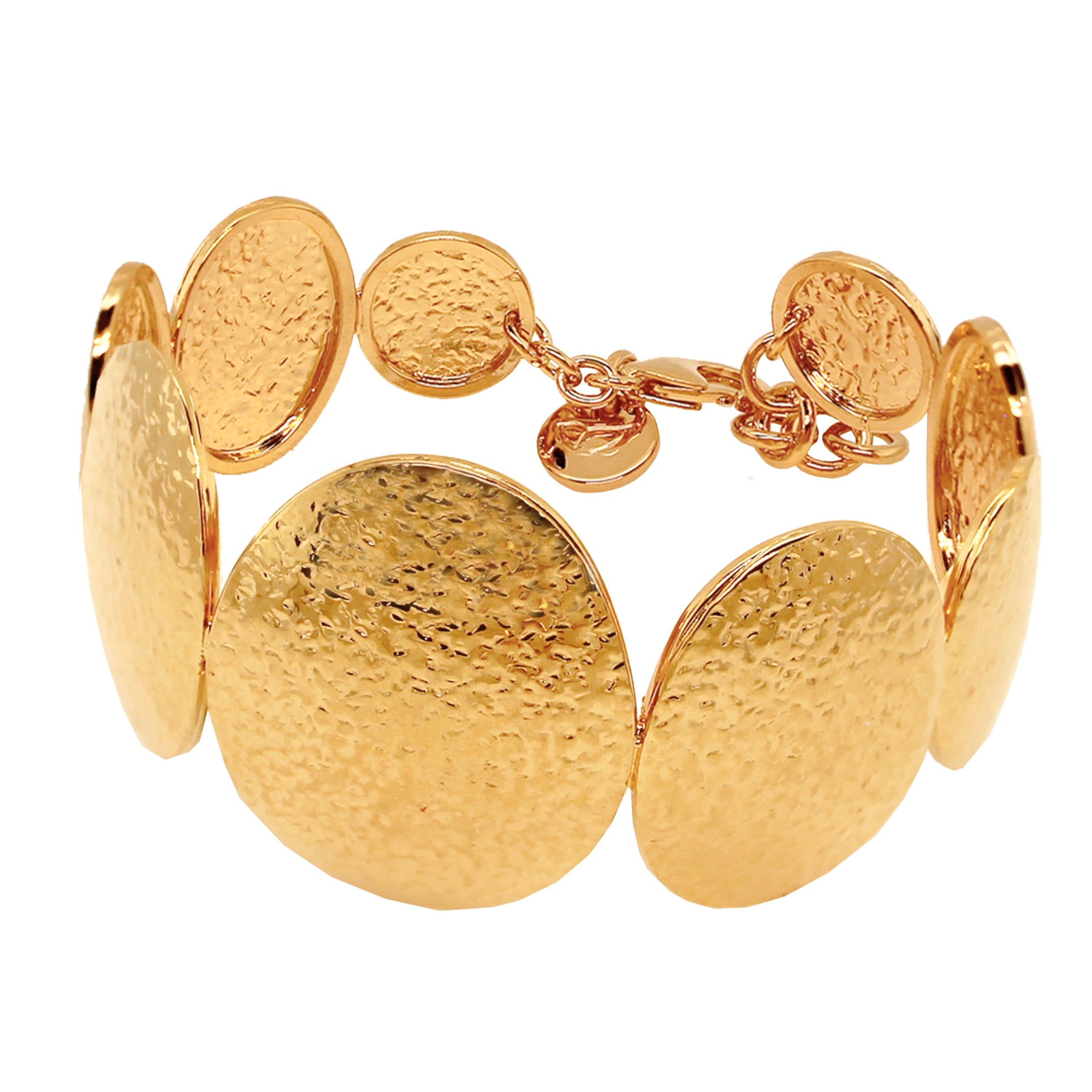 A bold gold bracelet featuring a series of textured circular discs that create an eye-catching, sculptural design. The discs are polished with a hammered finish, giving the piece a dynamic interplay of light and shadow. The bracelet is secured with a delicate chain and a clasp, providing an adjustable fit. This statement piece is perfect for adding a touch of elegance to any outfit.