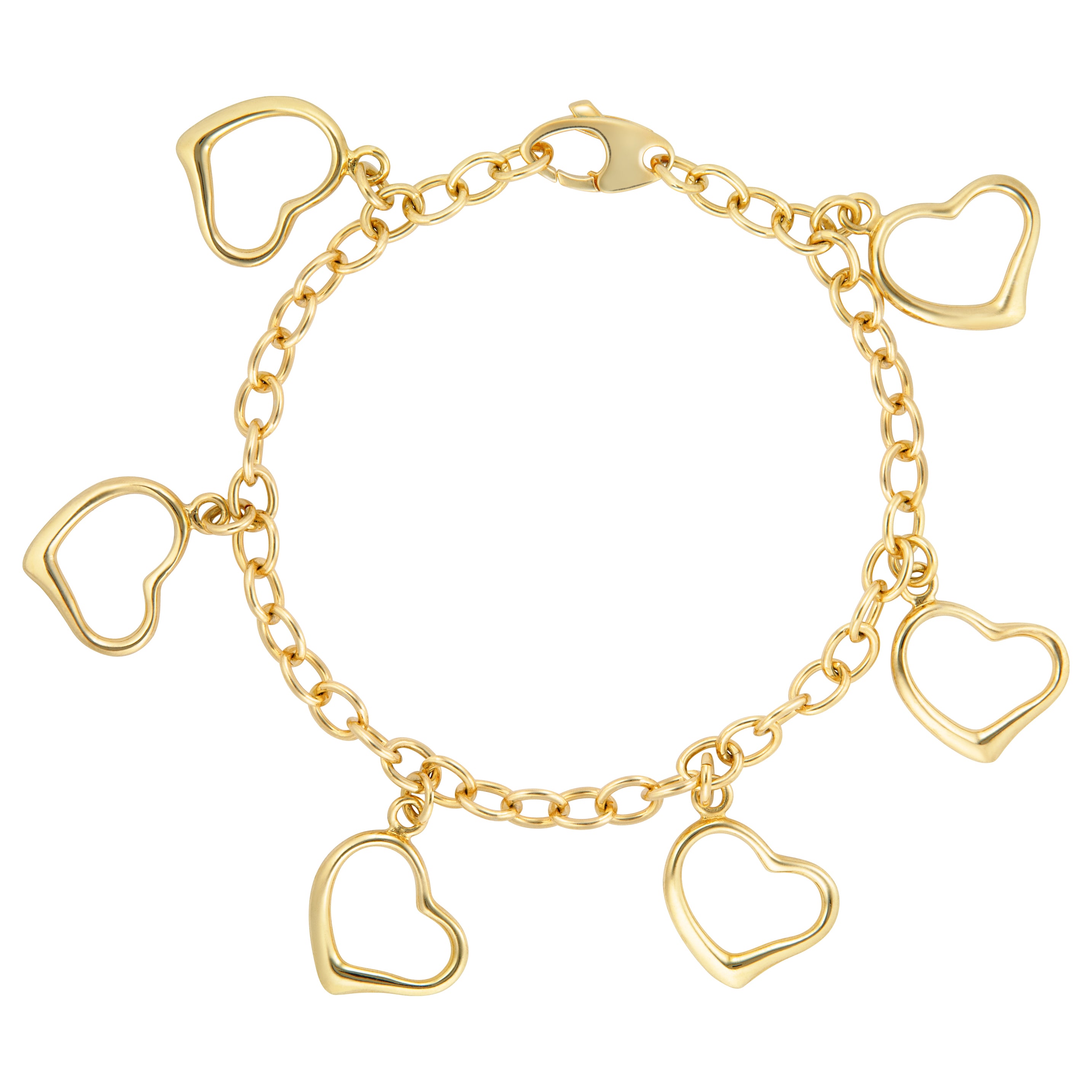 A delicate gold bracelet featuring a chain design with multiple open heart-shaped charms dangling from it. The bracelet is secured with a classic lobster clasp and is adorned with five heart charms that swing gently with movement, adding a playful and romantic touch to the piece. The shiny finish of the gold complements the simplicity of the heart shapes, making it a charming accessory for any occasion.