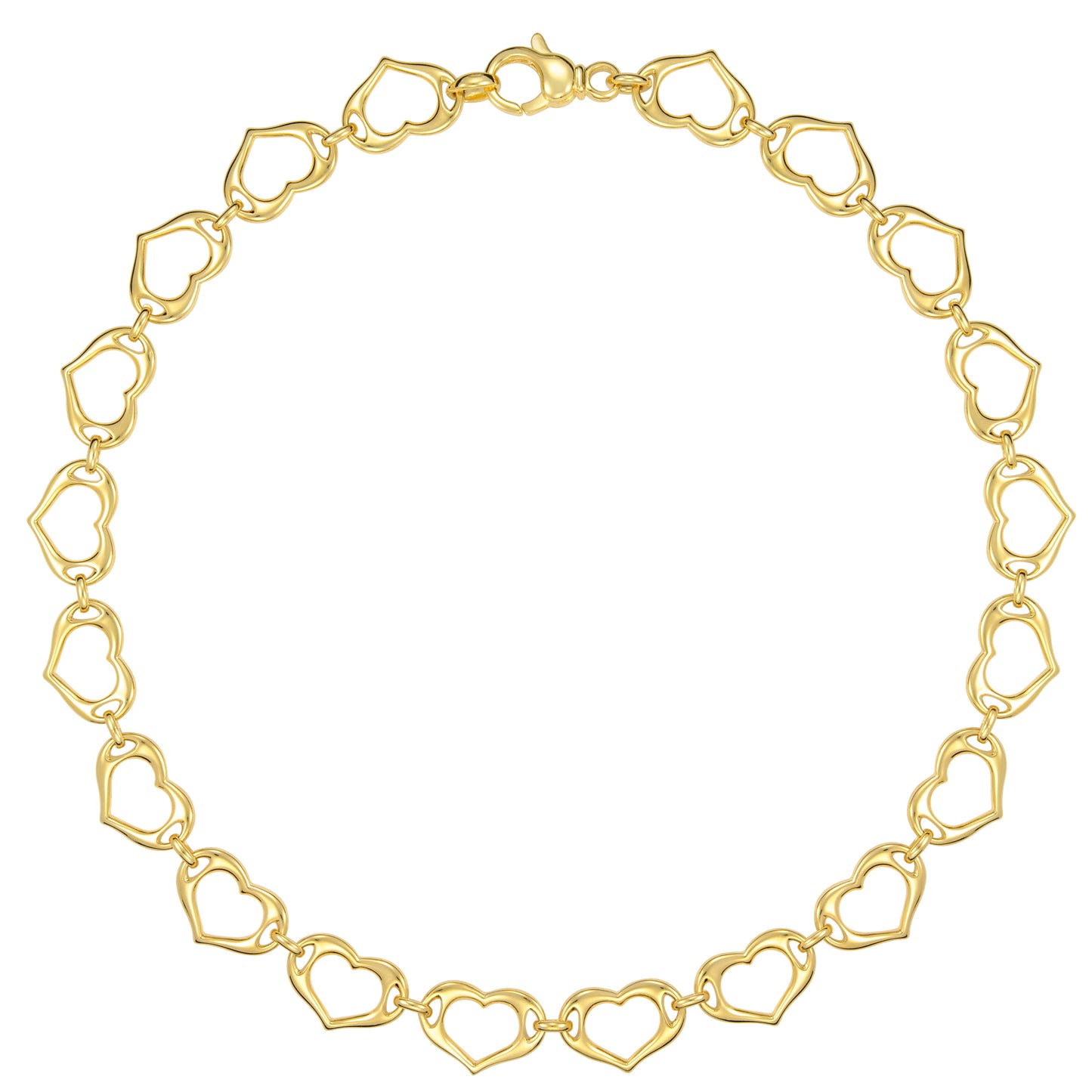 A charming gold necklace featuring a series of linked heart-shaped pendants. Each heart has a delicate open design, creating a light and airy appearance. The necklace is finished with a secure clasp, making it suitable for everyday wear or special occasions. Its playful and romantic style adds a touch of elegance to any outfit.