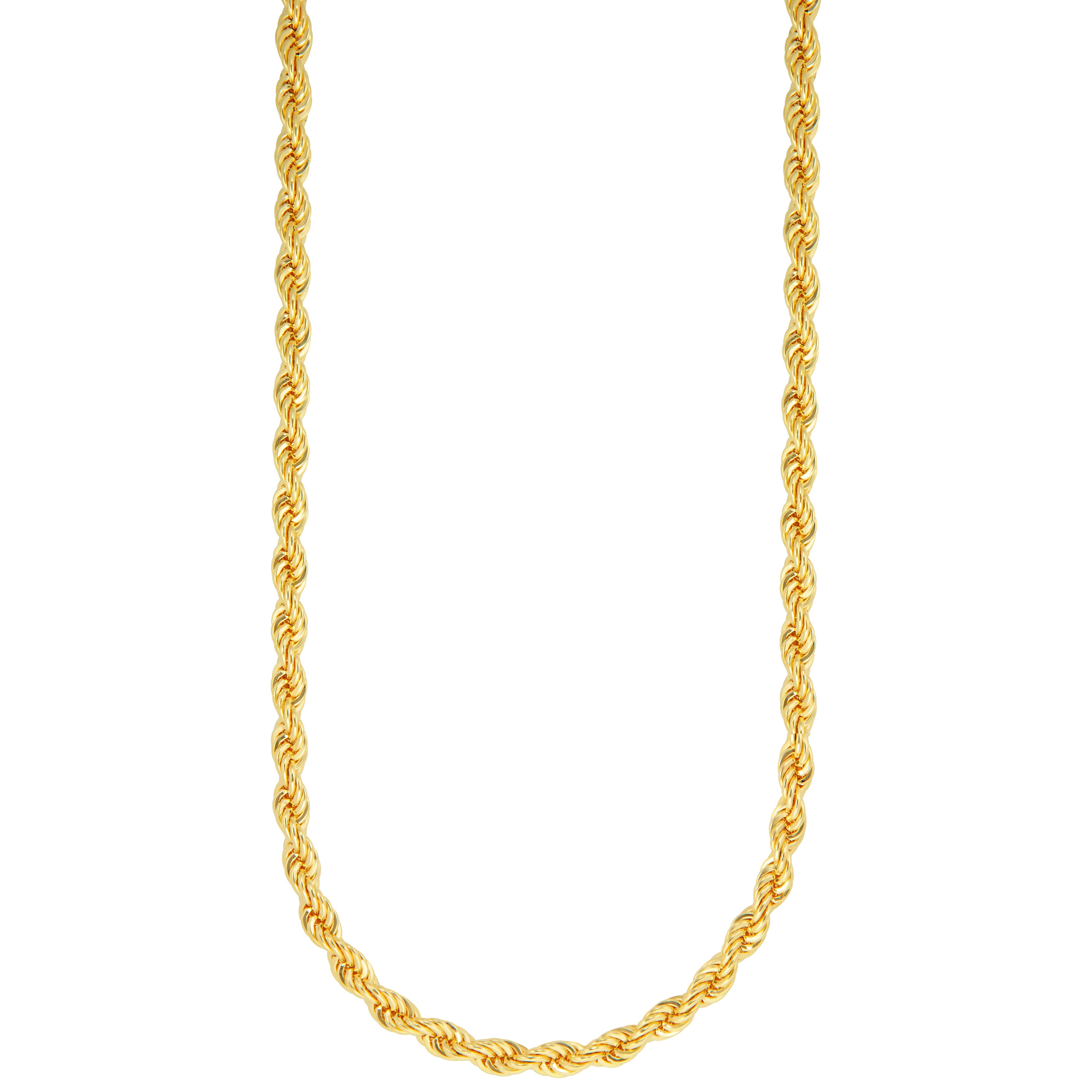 Gold necklace with a twisted design resembling a rope, adding texture and visual interest.