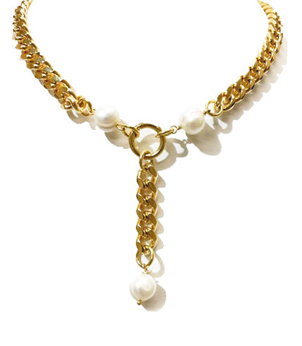 Chic gold necklace featuring a chunky chain design with pearl accents and a central circular ring, adding an elegant touch to the bold statement piece.