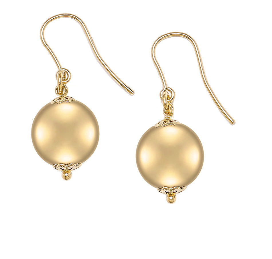 A pair of elegant gold-tone earrings featuring large, round beads that have a smooth, matte finish. The beads are attached to the earring hooks with delicate gold accents at both the top and bottom, enhancing their luxurious appearance. The earrings dangle gently, creating a graceful and sophisticated look, suitable for both everyday wear and special occasions. The design combines classic elegance with modern simplicity, making them a versatile accessory.