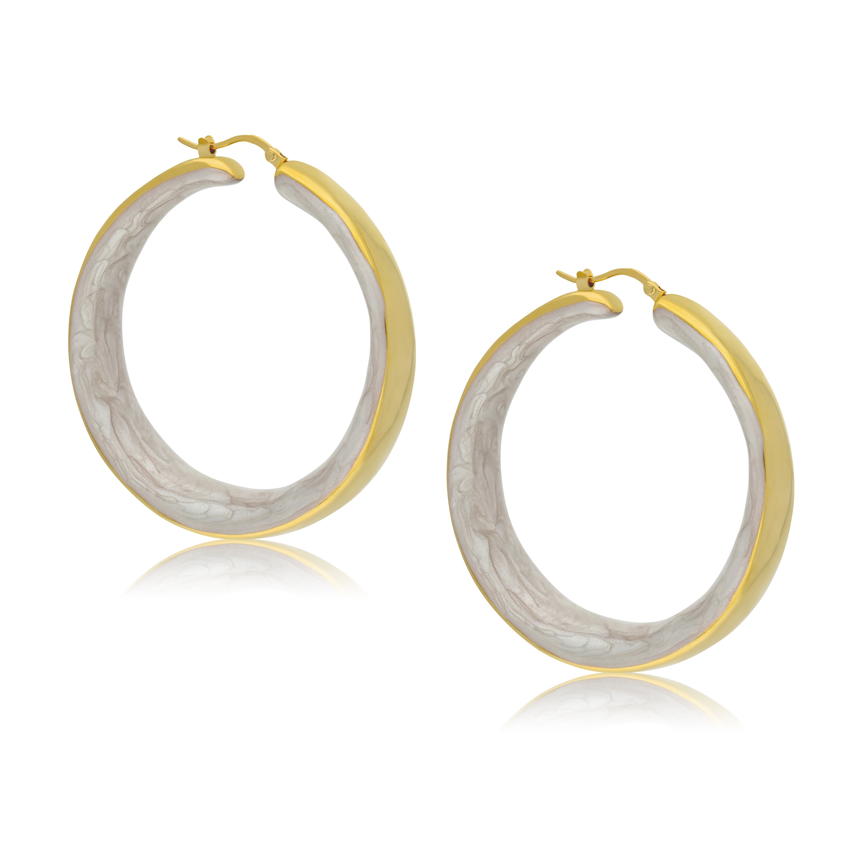A stylish pair of hoop earrings featuring a contemporary design. The outer edge is elegantly polished in a shiny gold finish, while the inner section showcases a soft, marbled white texture. The earrings are circular and medium-sized, with a secure clasp closure, creating a sophisticated look that combines modern aesthetics with a hint of artistic flair. They are versatile enough to complement various outfits, from casual to formal wear.