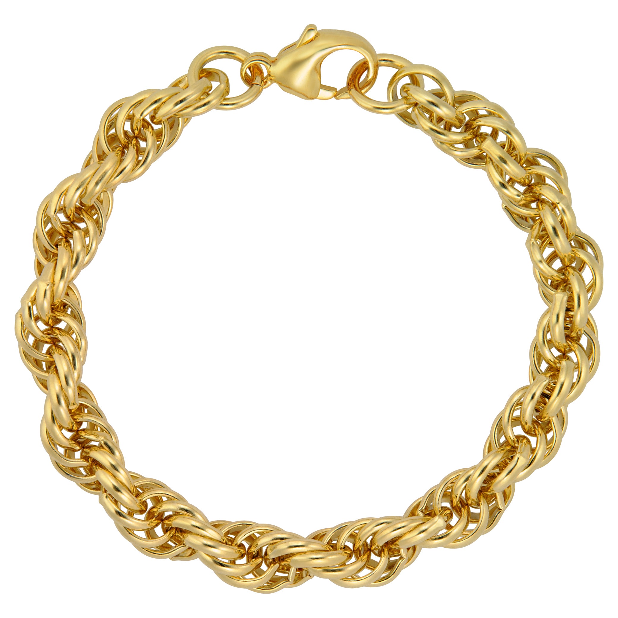 A stunning gold bracelet featuring an intricate twisted design, composed of interwoven links that create a bold and textured look. The shiny gold finish enhances its luxurious appeal, making it a statement piece for any outfit. The bracelet is secured with a sturdy clasp, ensuring a comfortable fit on the wrist.