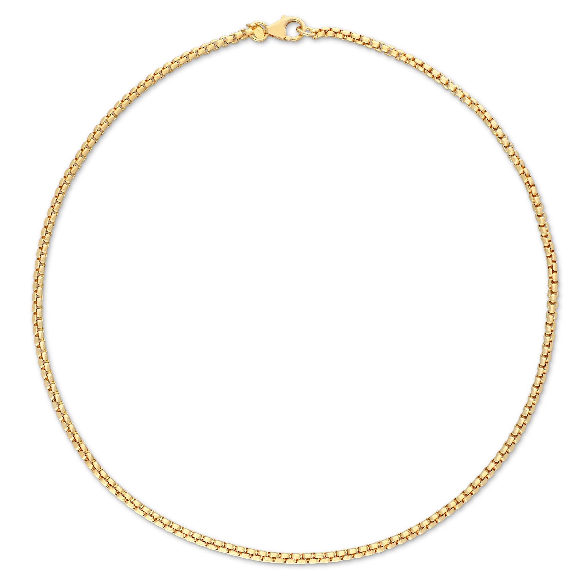 Elegant gold box chain necklace featuring smooth square-shaped links, secured with a lobster clasp.