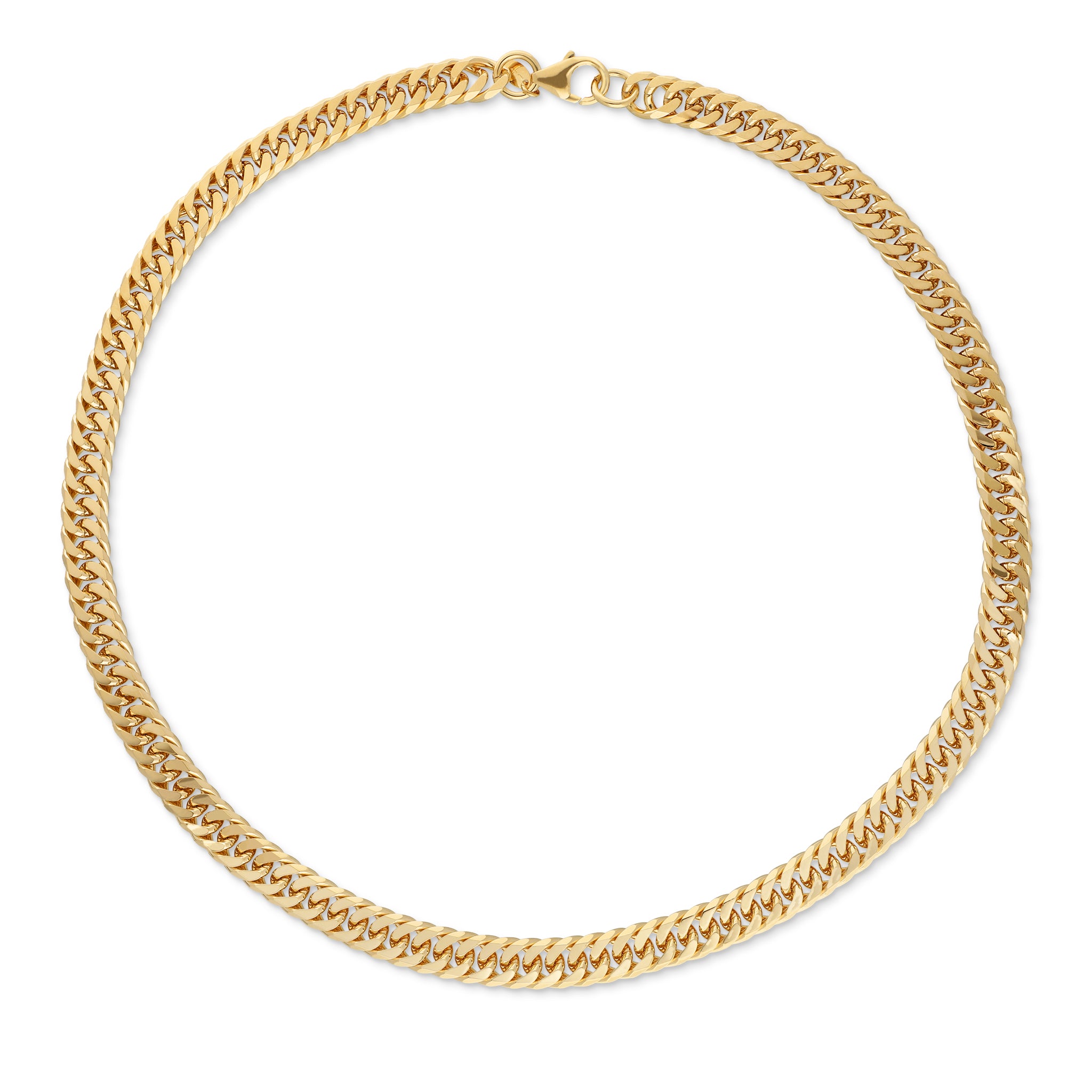 Gold chain necklace with a thick curb link design, polished for a bold and shiny appearance.