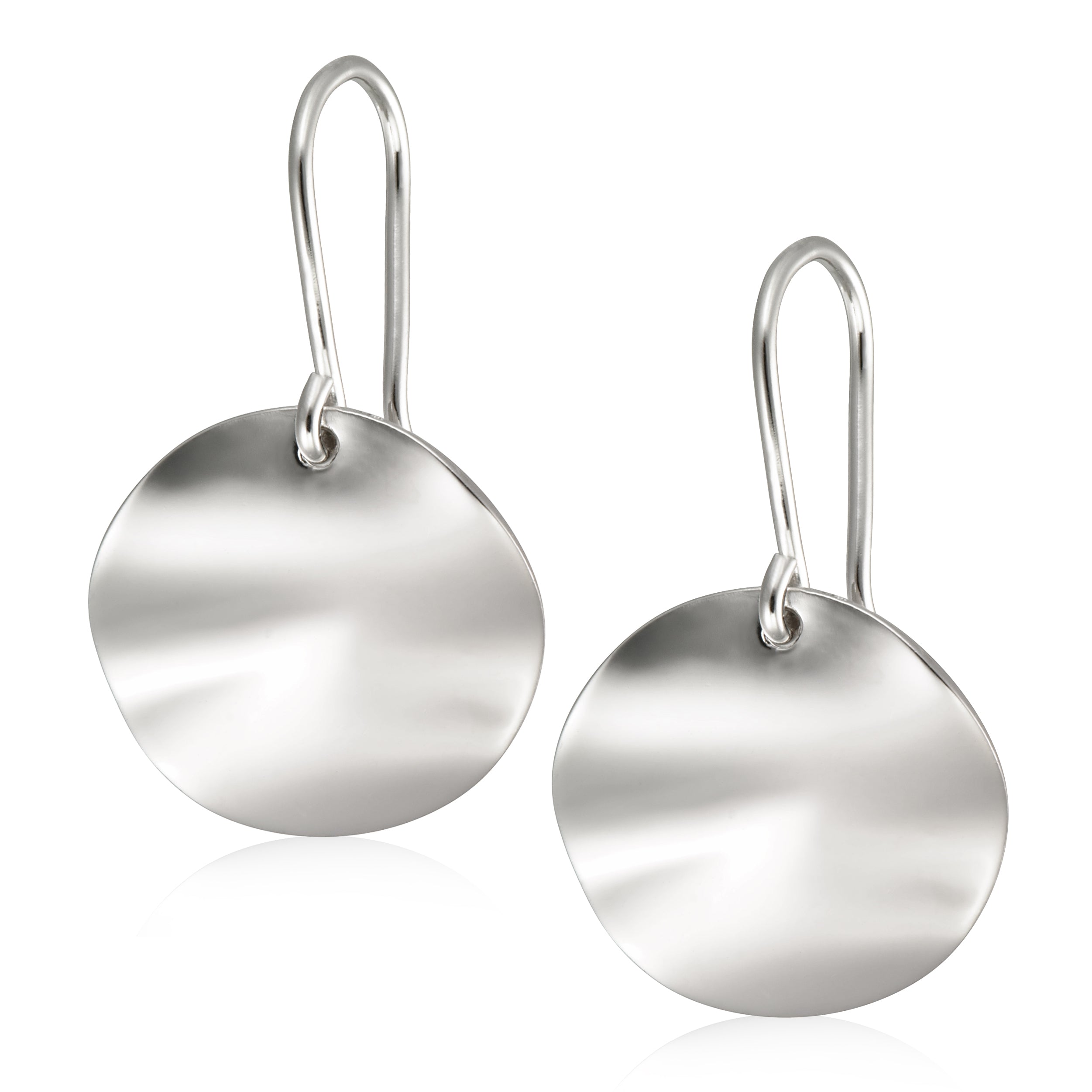 A pair of elegant silver earrings featuring a minimalist design. Each earring consists of a large, smooth, circular disc that hangs from a simple hook. The discs have a polished finish, reflecting light beautifully, which adds a touch of sophistication. The overall design is understated yet stylish, making these earrings versatile enough to complement a variety of outfits, from casual to formal wear.