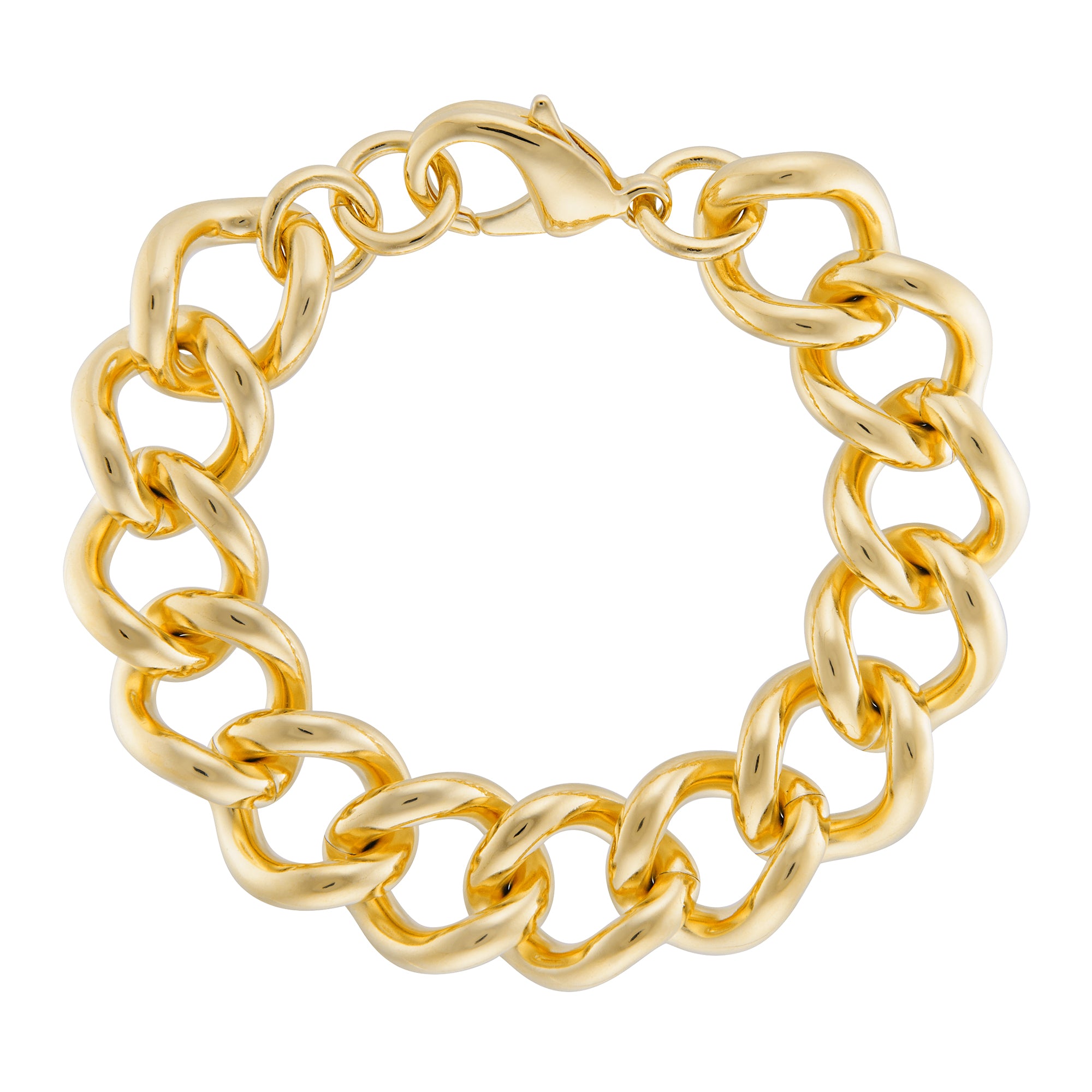 A striking gold chain bracelet featuring bold, interlocking links with a smooth, polished finish. The chunky design exudes a modern elegance, while the lobster clasp ensures a secure fit. Perfect for layering or wearing alone as a statement piece, this bracelet adds a luxurious touch to any outfit.