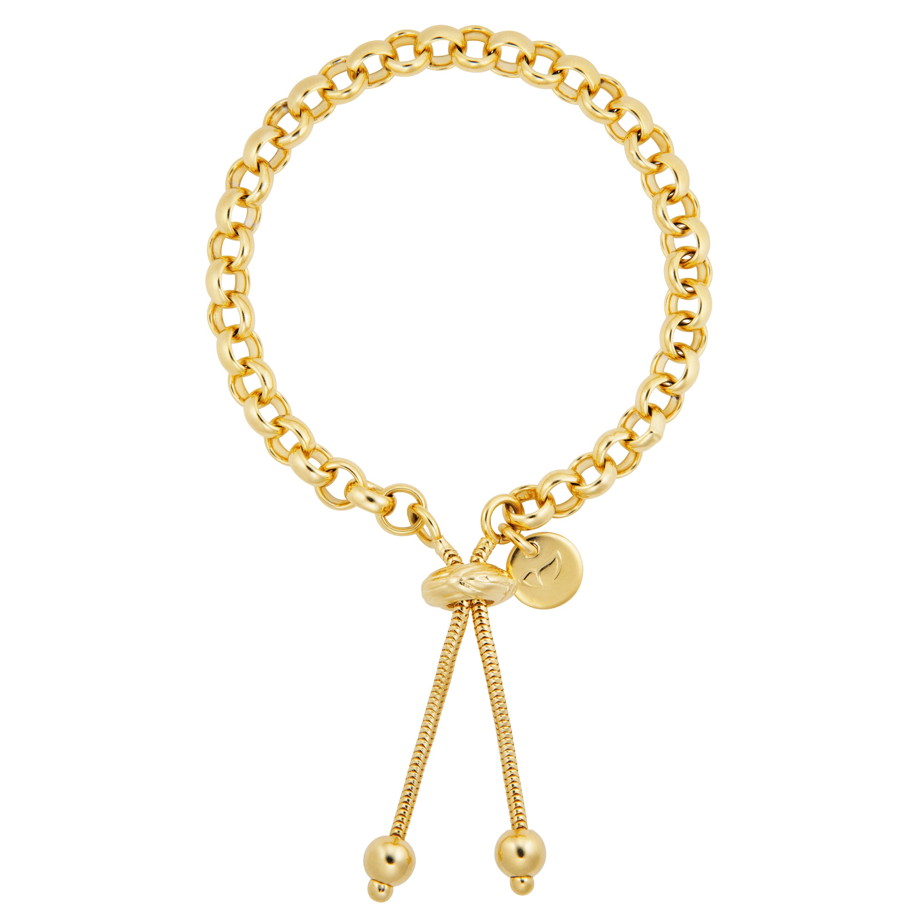 A stylish gold bracelet featuring a chunky chain design with a modern adjustable closure. The bracelet is composed of large, smooth links that give it a bold and eye-catching appearance. The adjustable sliding mechanism allows for a customized fit, making it a versatile accessory suitable for various wrist sizes. It is finished with decorative beads at the end of the sliders, adding a touch of elegance to the overall design.