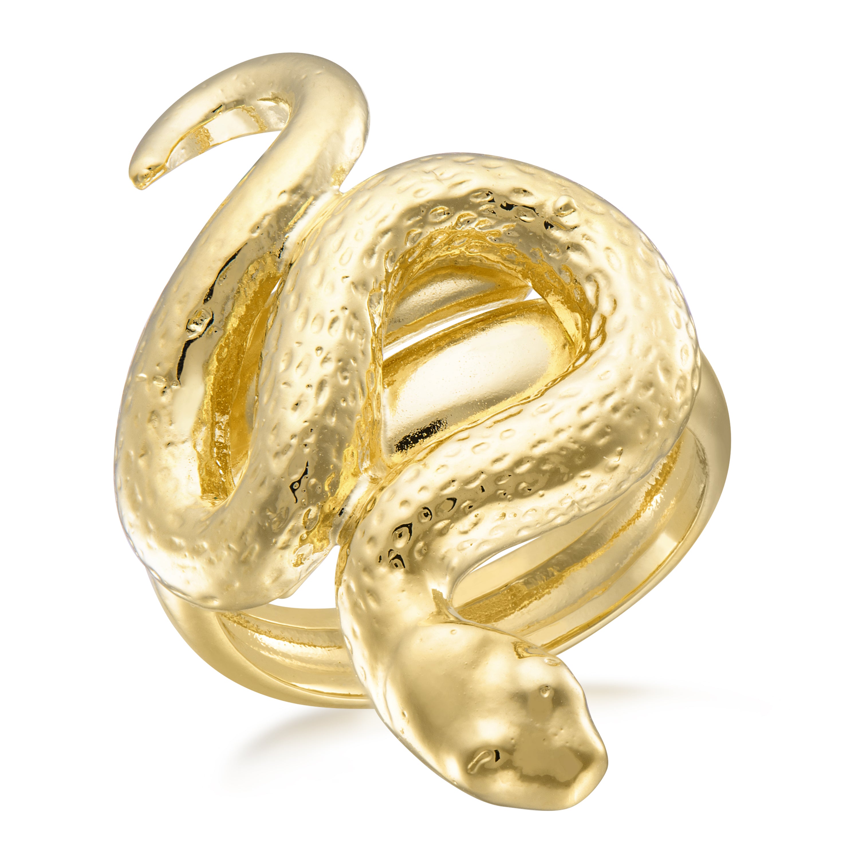 A striking gold ring featuring a sculptural design of a snake coiling around the band. The snake's body showcases a textured surface that mimics scales, while its head is detailed and positioned prominently at the top of the ring.