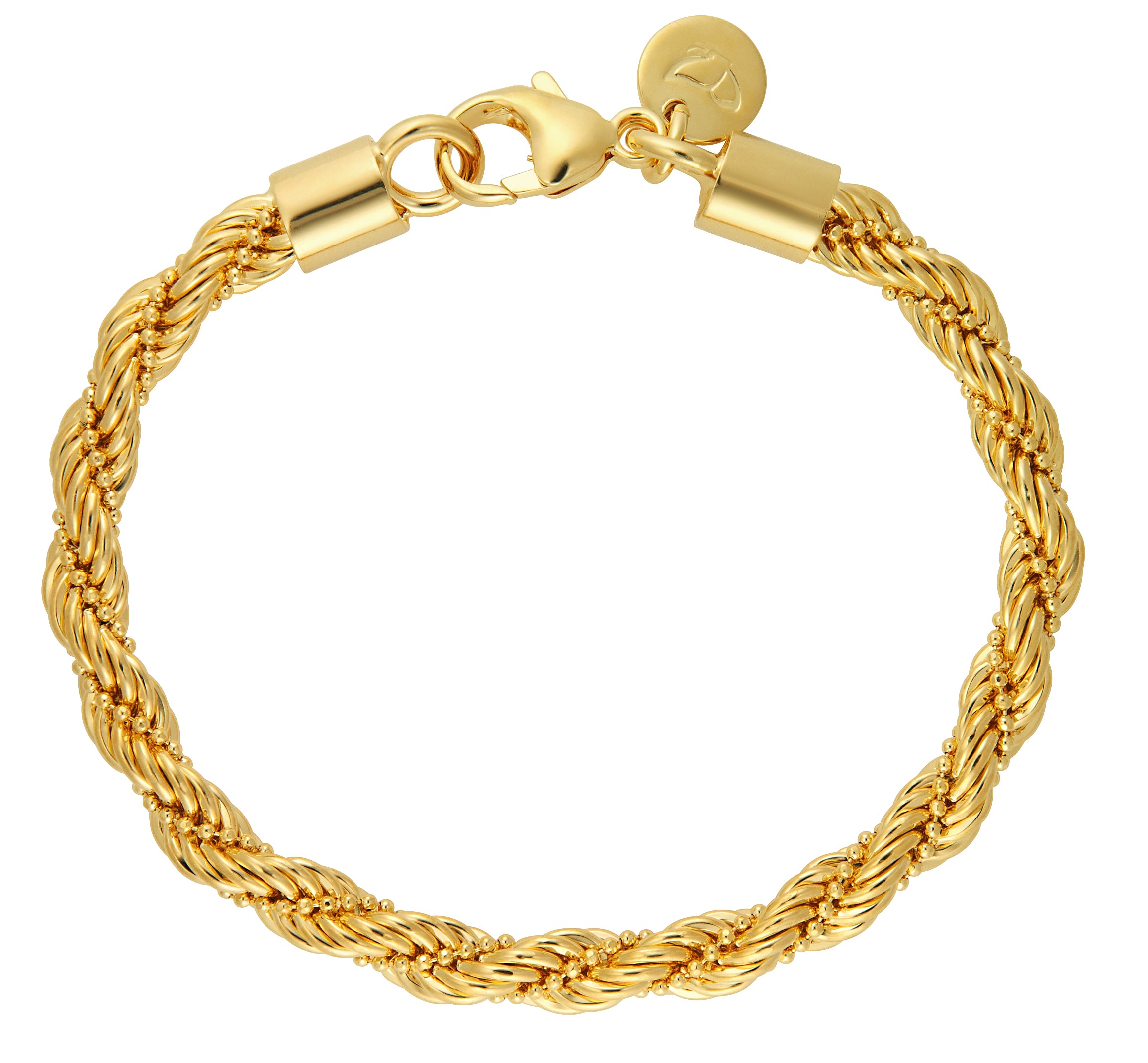 A beautifully crafted gold bracelet featuring a twisted design with delicate rope-like strands intertwined. The bracelet has small spherical accents along the twisted sections, enhancing its intricate appearance. It is secured with a sturdy lobster clasp and includes a charm with a brand logo.