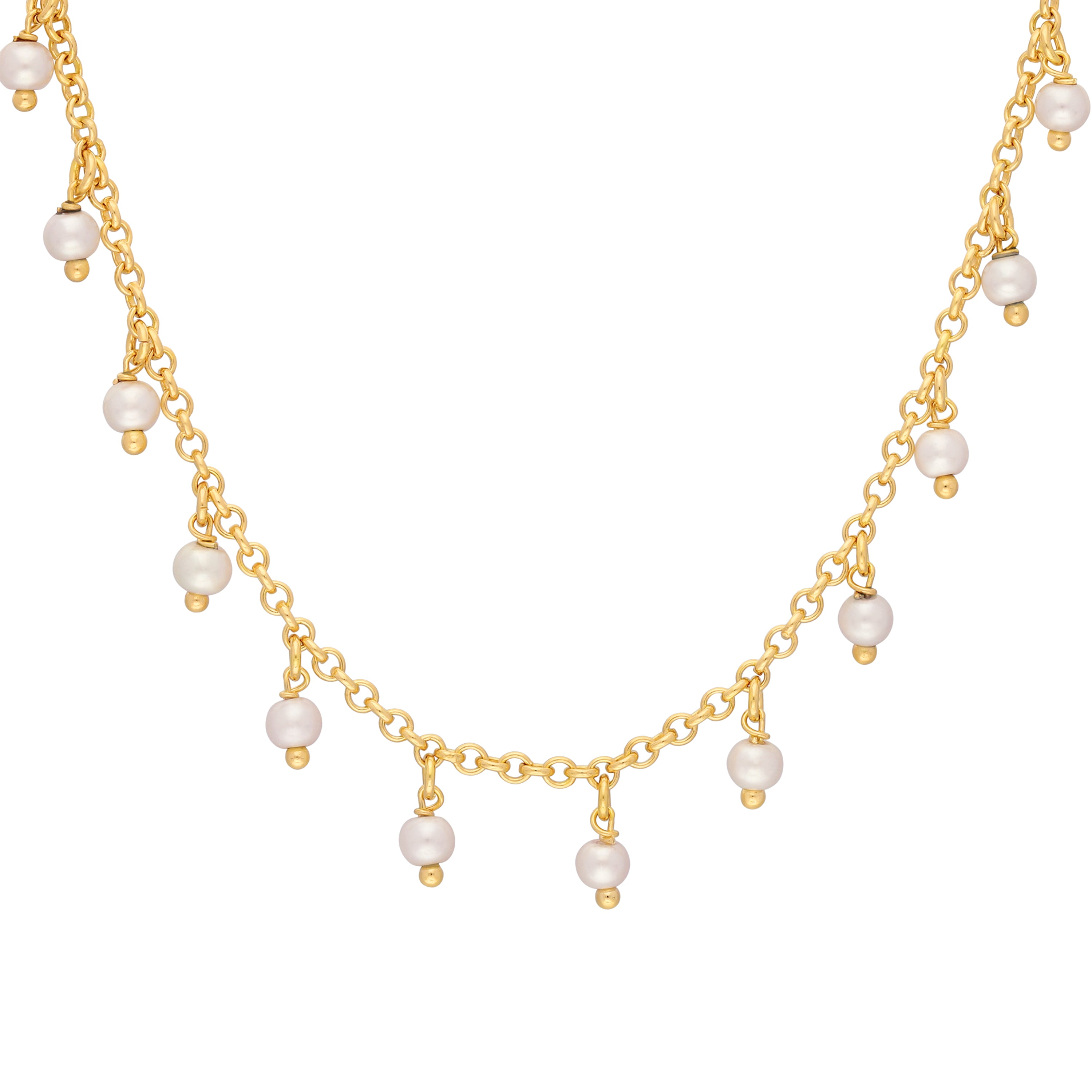 Gold Plated necklace with small hanging pearls along the chain, creating an elegant design.