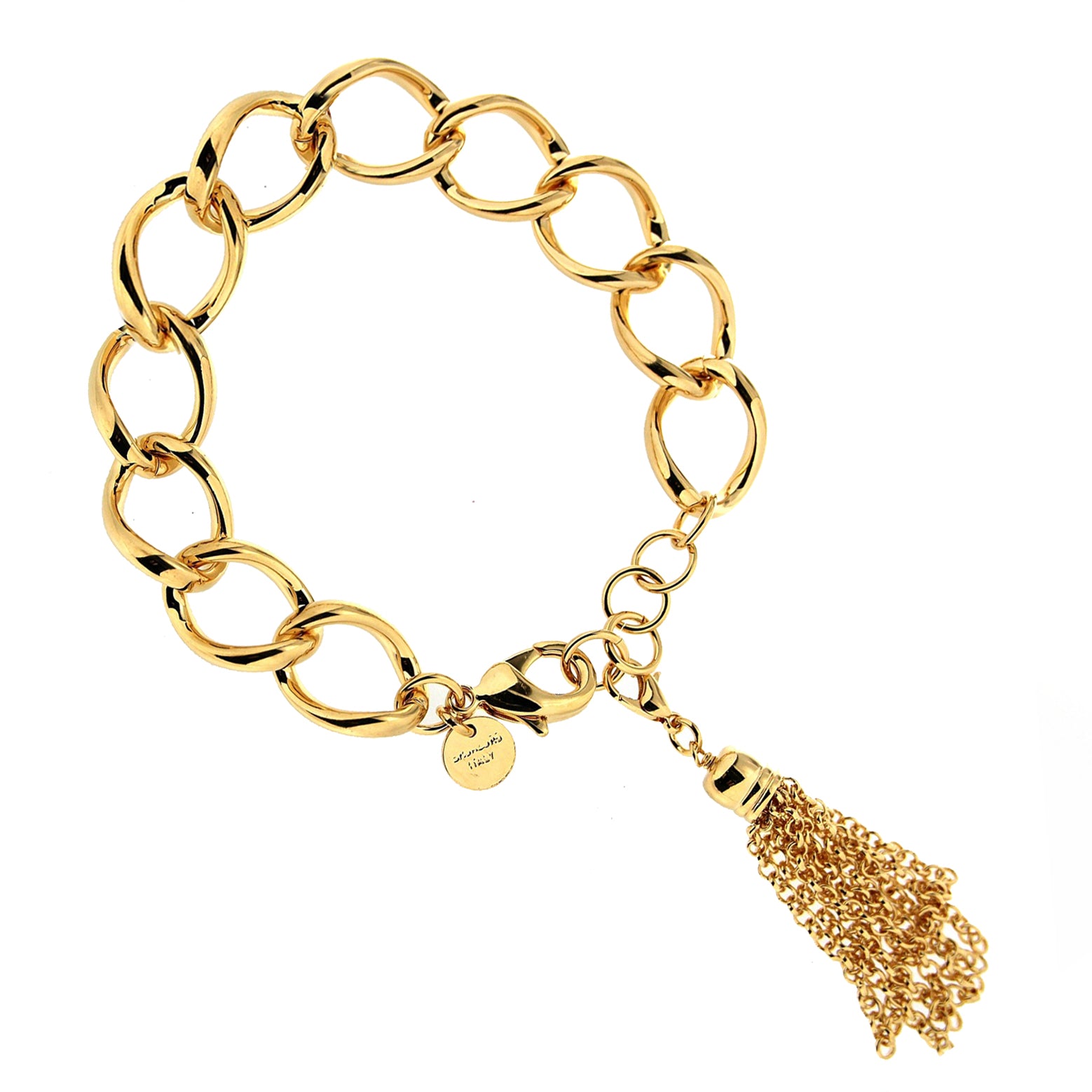 A stylish gold bracelet featuring a series of smooth, interlocking oval links that create a chic, modern look. The bracelet is adorned with a decorative tassel pendant, adding a touch of elegance and movement. It secures with a sturdy clasp, making it both fashionable and functional.